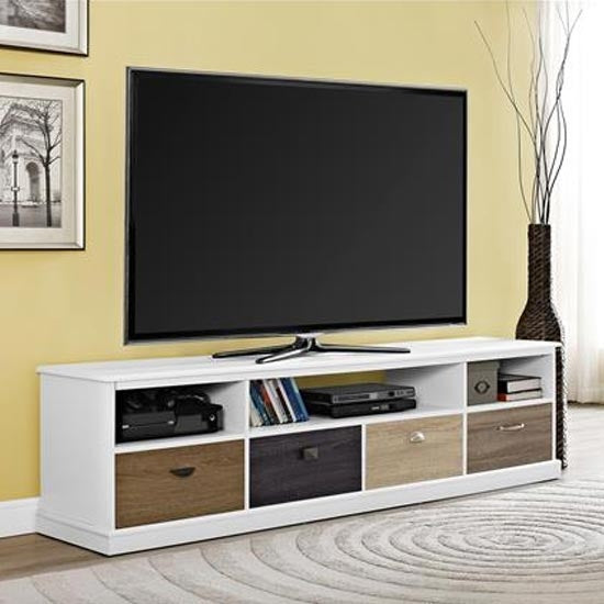 Mercer Large Wooden TV Stand In White With Multicolour Drawers