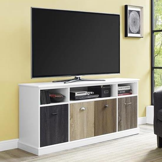 Mercer Medium Wooden TV Stand In White With Multicolour Drawers