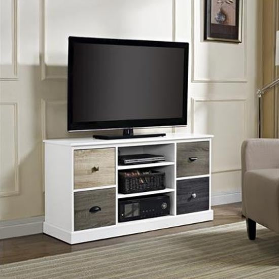 Mercer Small Wooden TV Stand In White With Multicolour Drawers