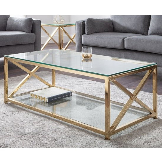 Miami Clear Glass Coffee Table In Gold Cross Frame