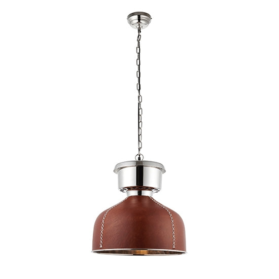 Michigan Ceiling Pendant Light In Golden Brown Leather And Bright Nickel