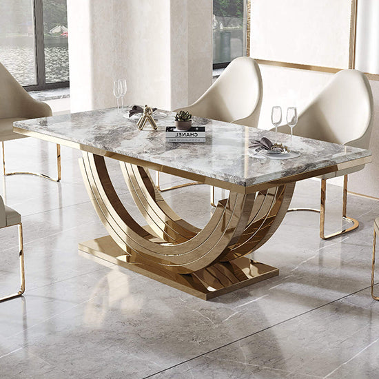 Midas Natural Stone Dining Table In Marble Effect With Stainless Steel Base