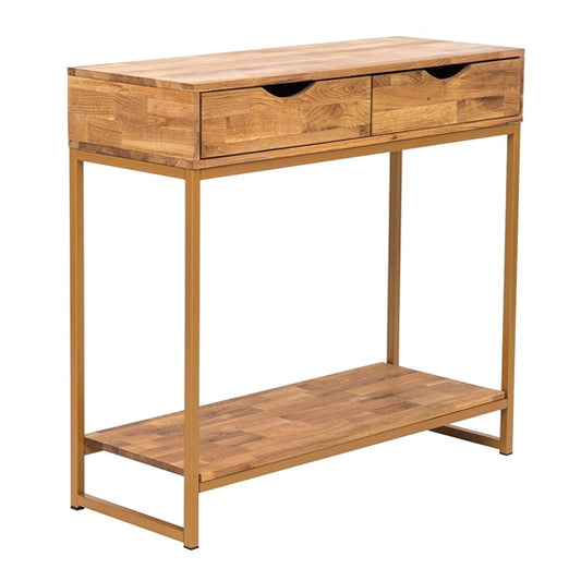Mirelle Wooden Console Table In Solid Oak With Gold Metal Frame