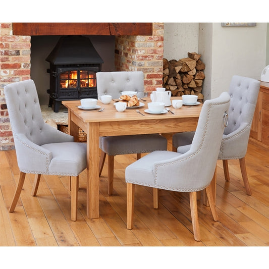Mobel Extending Wooden Dining Table In Oak With 4 Light Grey Armchairs