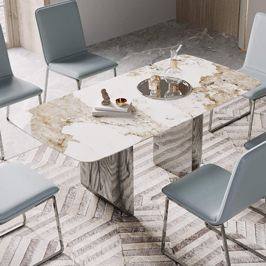 Montego Natural Stone Dining Table In Marble Effect With Stainless Steel Base