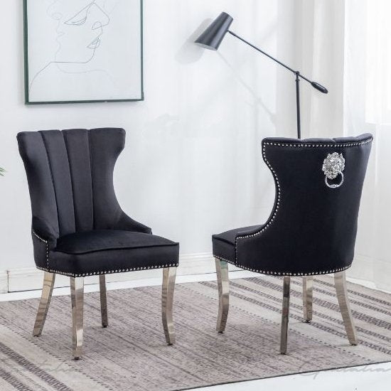 Montpellier Lion Knocker Black Velvet Dining Chair In Pair