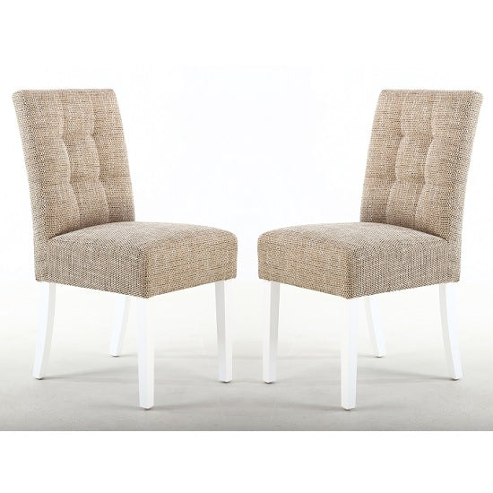 Moseley Tweed Oatmeal Fabric Dining Chairs In Pair With White Legs