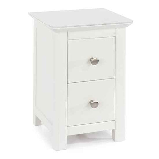 Nairn Glass Top Wooden 2 Drawers Petite Bedside Cabinet In White