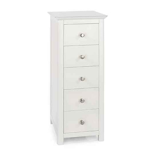 Nairn Narrow Glass Top Wooden Chest Of Drawers With 5 Drawers In White