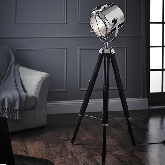 Nautical Floor Lamp In Polished Nickel And Black Wooden Legs