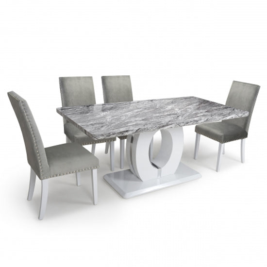 Neptune Large Gloss Grey White Marble Effect Dining Table With 6 Randall Grey Brushed Velvet Chairs
