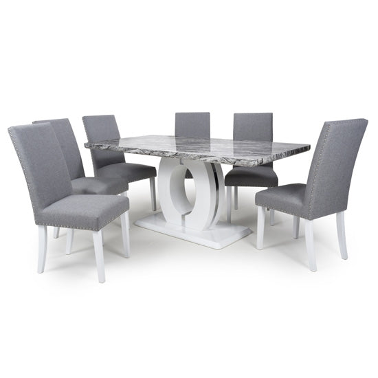 Neptune Large Gloss Grey White Marble Effect Dining Table With 6 Randall Silver Grey Linen Dining Chairs