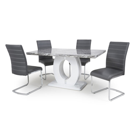 Neptune Medium Gloss Grey White Marble Effect Dining Table With 4 Callisto Grey Leather Dining Chairs