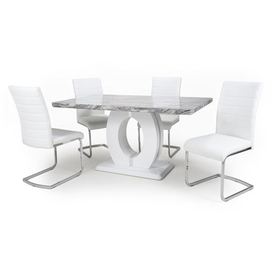 Neptune Medium Gloss Grey White Marble Effect Dining Table With 4 Callisto White Leather Dining Chairs