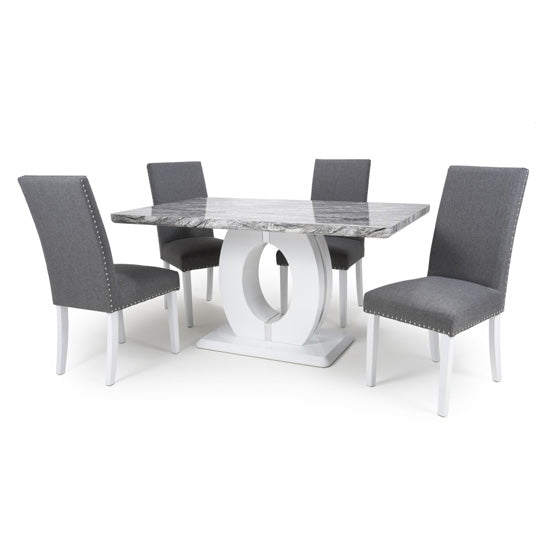 Neptune Medium Gloss Grey White Marble Effect Dining Table With 4 Randall Silver Grey Linen Dining Chairs