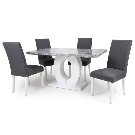 Neptune Medium Gloss Grey White Marble Effect Dining Table With 4 Randall Steel Grey Linen Dining Chairs