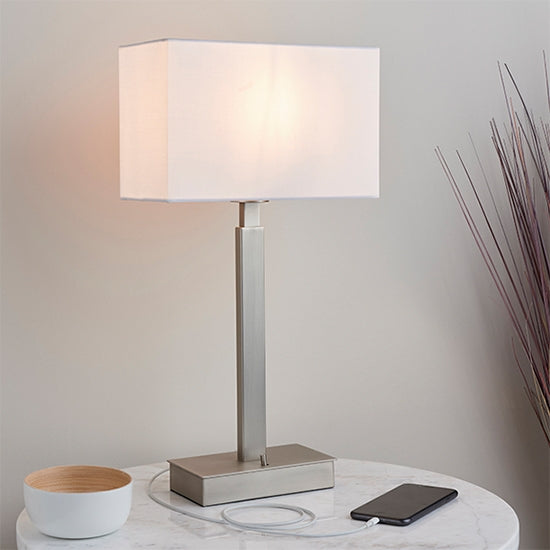 Norton Rectangular Vintage White Shade Table Lamp With USB In Matt Nickel