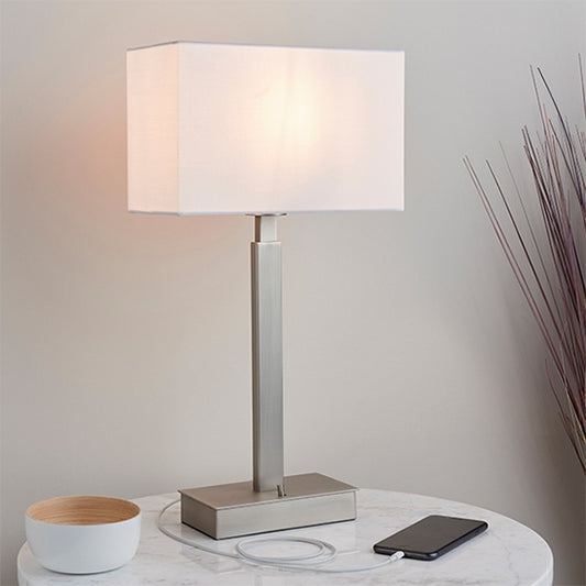 Norton Rectangular Vintage White Shade Table Lamp With USB In Matt Nickel