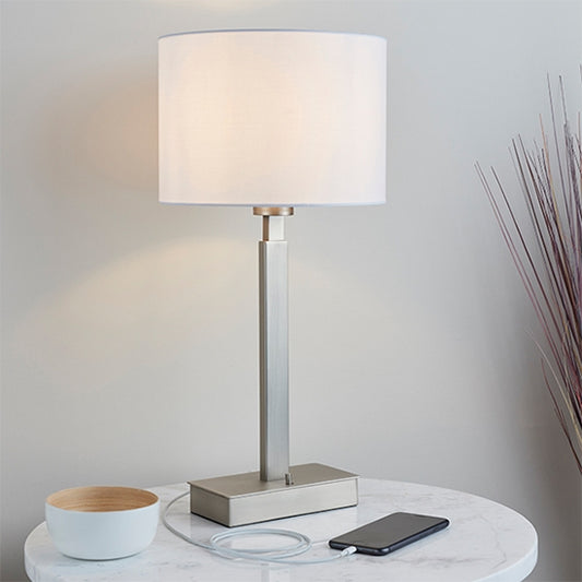 Norton Vintage White Cylinder Shade Table Lamp With USB In Matt Nickel