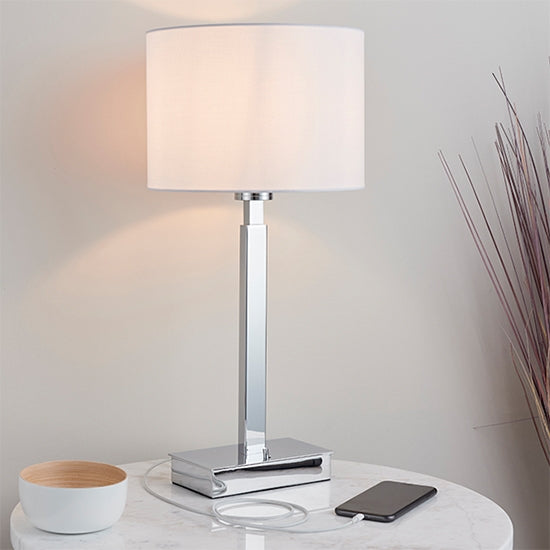 Norton Vintage White Cylinder Shade Table Lamp With USB In Polished Chrome