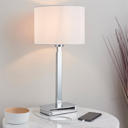 Norton Vintage White Cylinder Shade Table Lamp With USB In Polished Chrome