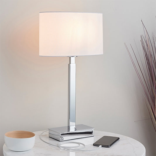 Norton Vintage White Ellipse Shade Table Lamp With USB In Polished Chrome