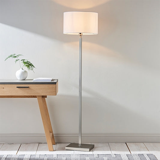 Norton Vintage White Fabric Cylinder Shade Floor Lamp In Matt Nickel