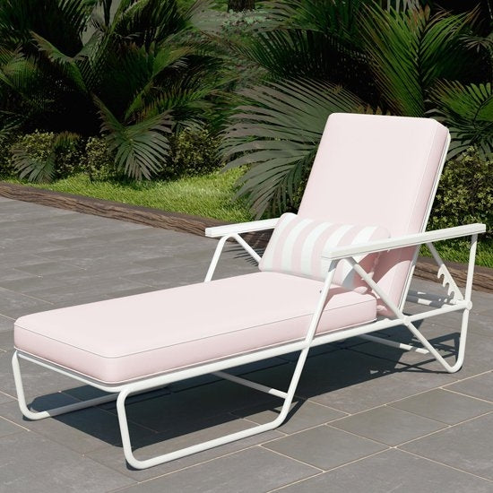 Novogratz Connie Outdoor Chaise Lounge Chair In White With Pink Cushion
