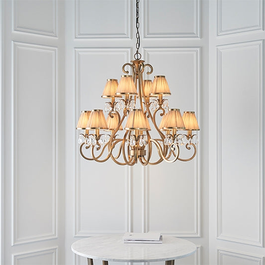 Oksana 12 Lights Beige Shades Ceiling Pendant Light In Antique Brass