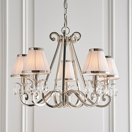 Oksana Clear Crystal 5 Lights Ceiling Pendant Light In Polished Nickel With White Shades