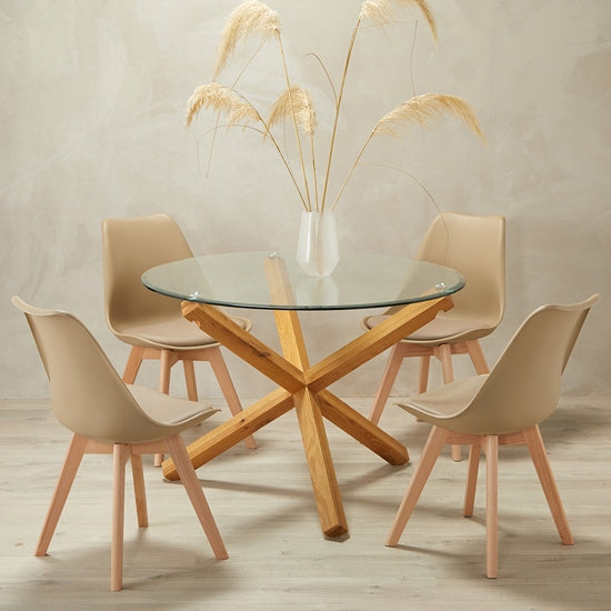 Oporto Glass Top Large Dining Table With 4 Louvre Putty Chairs