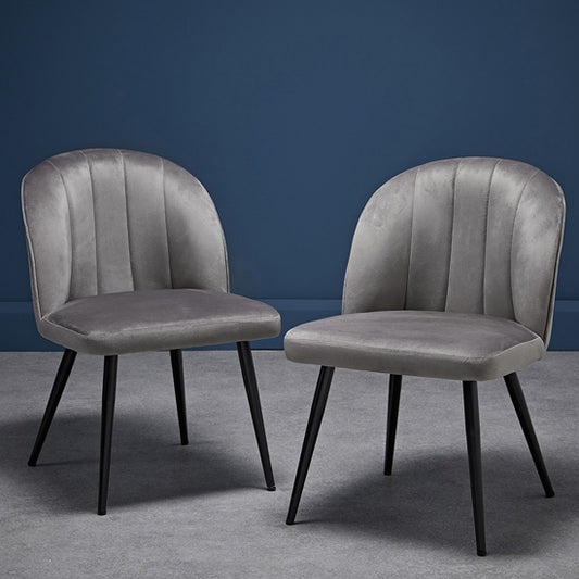 Orla Grey Velvet Upholstered Dining Chairs With Black Legs In Pair