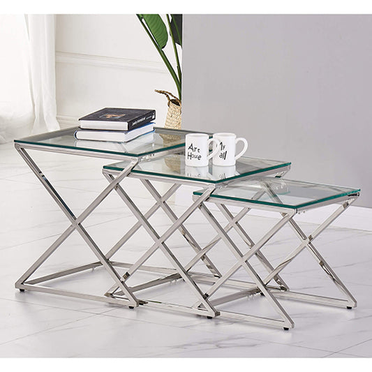 Osaka Clear Glass Nest Of 3 Tables With Silver Frame