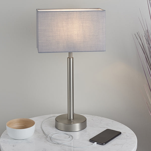 Owen Rectangular Grey Shade Table Lamp With USB In Matt Nickel