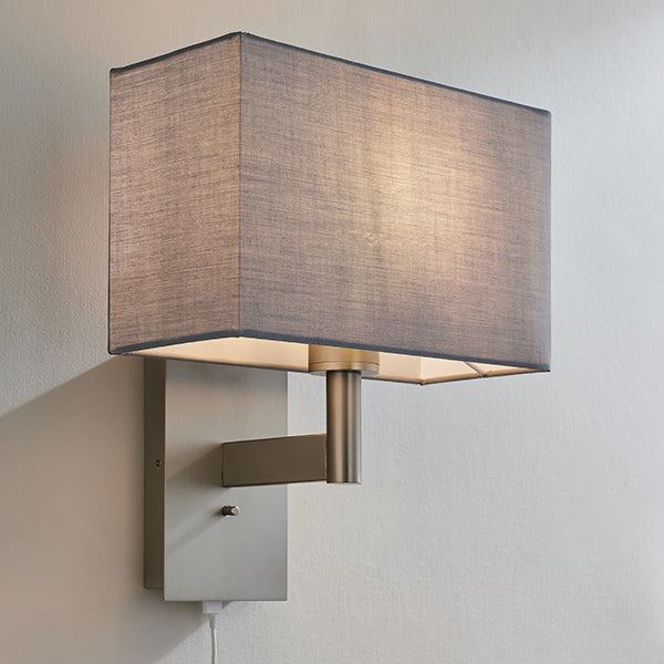 Owen Rectangular Grey Shade Wall Light With USB In Matt Nickel