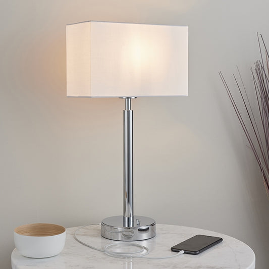 Owen Rectangular White Shade Table Lamp With USB In Polished Chrome