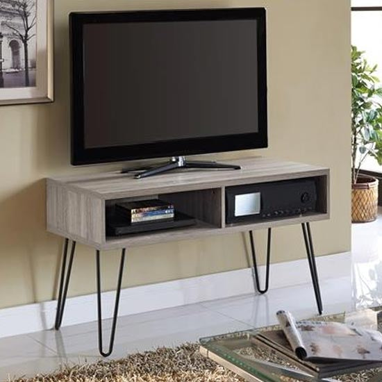 Owen Retro Wooden TV Stand In Distressed Grey Oak