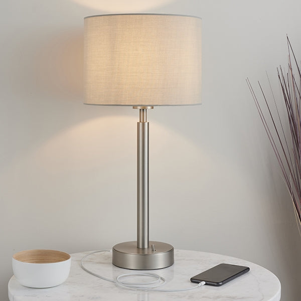 Owen Taupe Cylinder Shade Table Lamp With USB In Matt Nickel