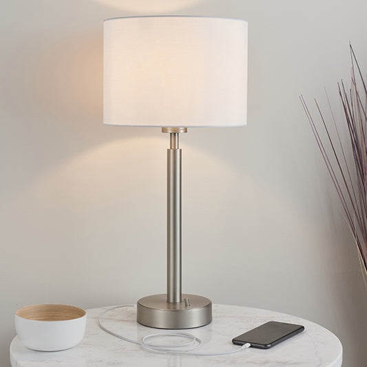 Owen White Cylinder Shade Table Lamp With USB In Matt Nickel