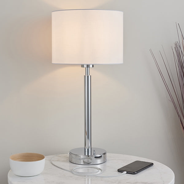 Owen White Cylinder Shade Table Lamp With USB In Polished Chrome