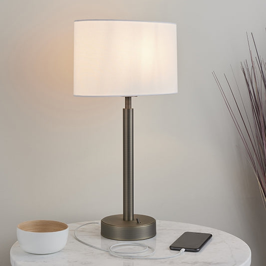 Owen White Ellipse Shade Table Lamp With USB In Dark Bronze