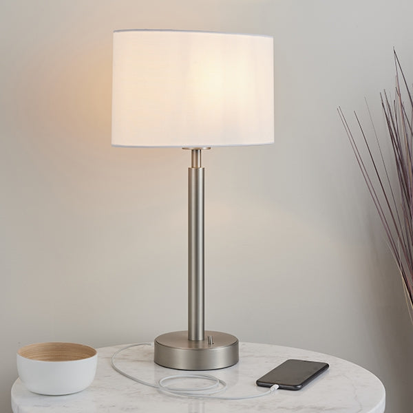 Owen White Ellipse Shade Table Lamp With USB In Matt Nickel