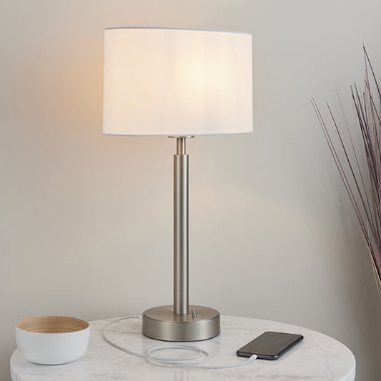 Owen White Ellipse Shade Table Lamp With USB In Matt Nickel