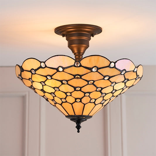 Pearl Medium Tiffany Glass 3 Lights Flush Ceiling Light In Dark Bronze