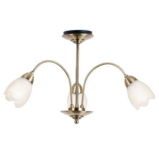 Petal Matt Opal Glass 3 Lights Semi Flush Ceiling Light In Antique Brass