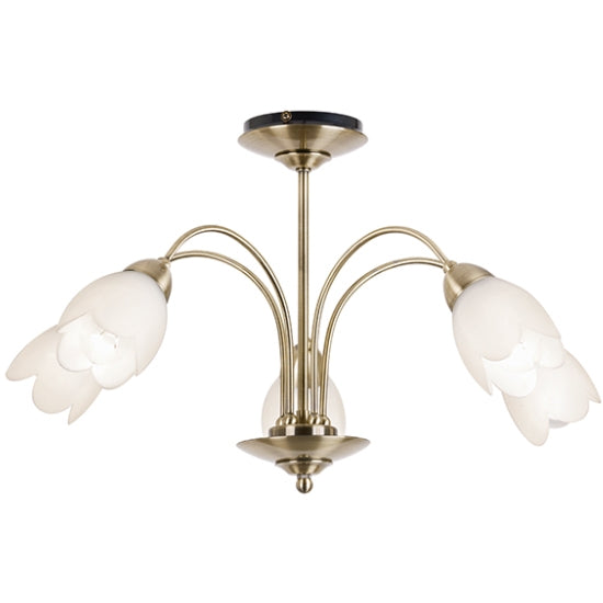 Petal Matt Opal Glass 5 Lights Semi Flush Ceiling Light In Antique Brass