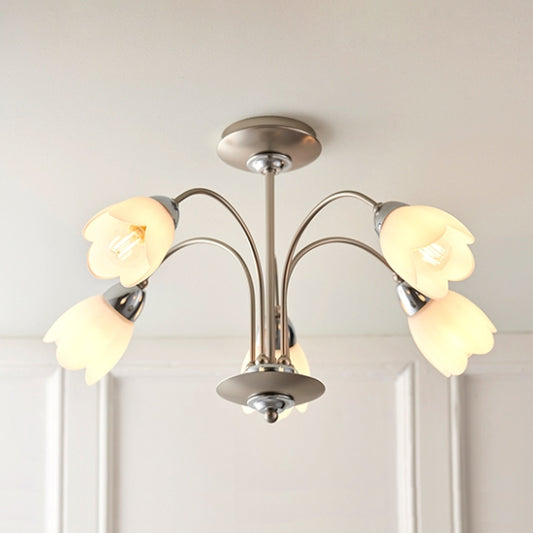 Petal Matt Opal Glass 5 Lights Semi Flush Ceiling Light In Satin Chrome