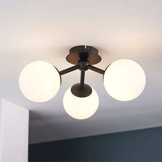 Pulsa 3 Lights White Glass Shades Semi Flush Ceiling Light In Matt Black