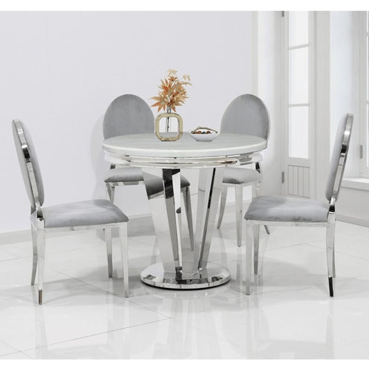 Riccardo 90cm Marble Dining Table In Cream With 4 Hampton Grey Chairs