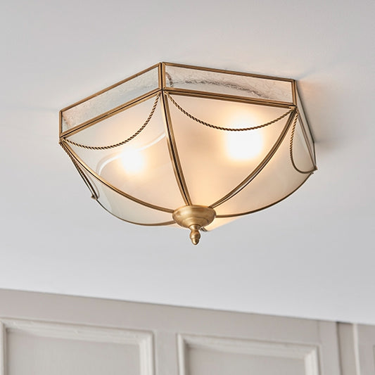 Russell Frosted Glass 3 Lights Flush Ceiling Light In Antique Brass